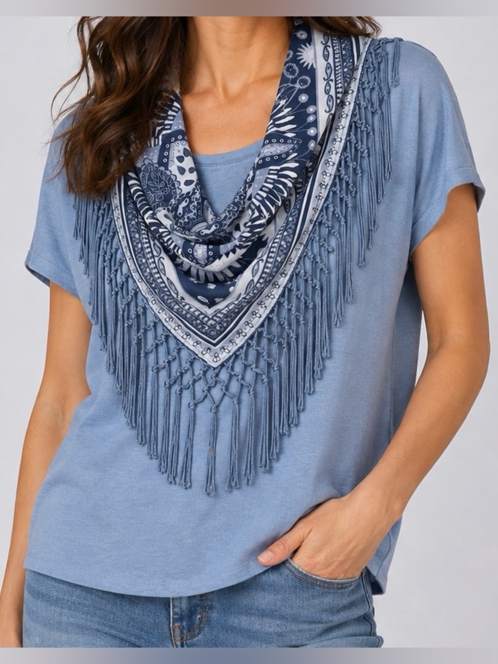 Style & Co. | Blue Fringe Bandana Scarf Tee Two-Piece Look | Size L | Like New